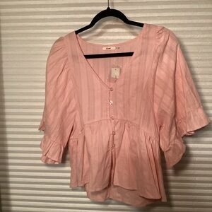 Pink Ruffled Peplum Blouse with Flutter Sleeves